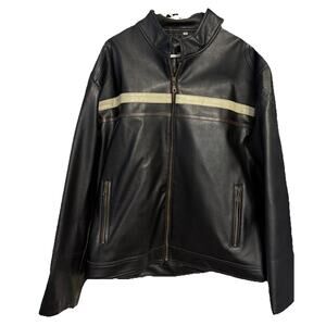 PX Genuine Black Faux Leather Jacket Stripe Trim Moto Mens L
